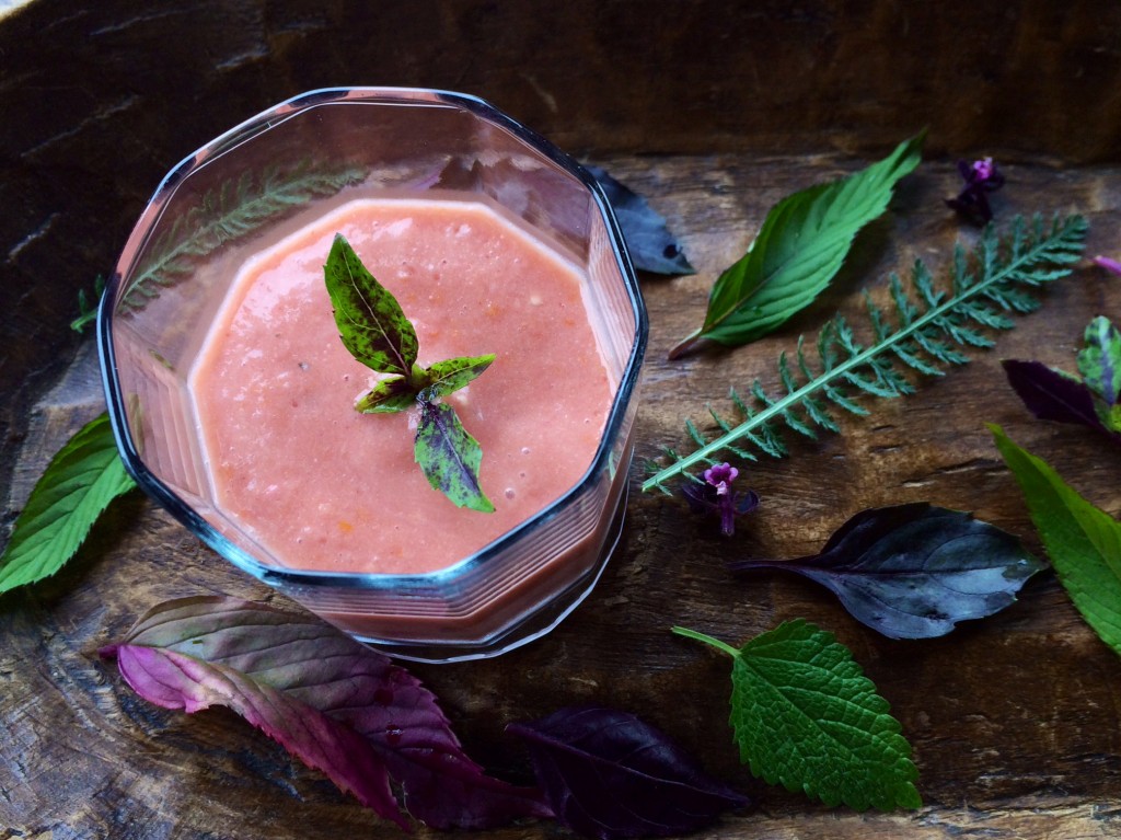 Chilled Summer Soup with Cherry Tomatoes, Strawberries, Peaches & Goat Cheese